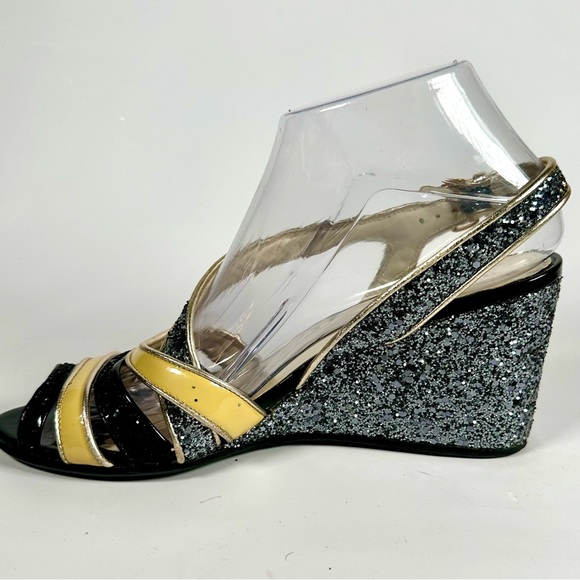 Excellent Condition Miu Miu Vernice Slingbag Gray Sparkle Leather Wedge Sandals - Picture 3 of 10